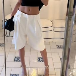 Solid Loose Fit Front Crease Knee Length Suit Culottes Office Casual Shorts Women High Waist Pleated Wide Leg Bermuda Shorts