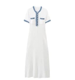 STYLISH LADY Denim Patchwork Knitted Dress 2025 Autumn Women Short Sleeve O Neck Button Bodycon Elegant OL Party Maxi Dresses