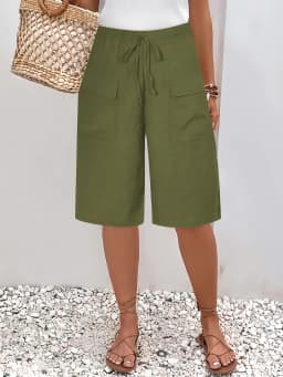 2026 New Summer Autumn Knee Length Drawstring Elastic High Waist Short Style Women's Pockets Casual Solid Color Shorts Pants