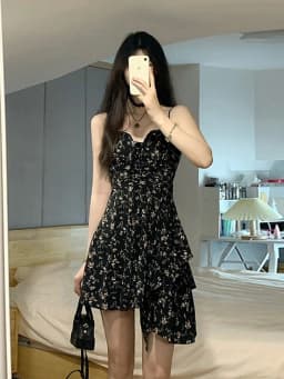Romantic Captured Dark Pure Desire Spicy Girl Dress Asymmetrical Floral Print Strapless A-Line Skirt Spring Summer New A...
