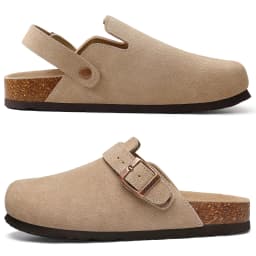 Evshine Women Suede Cork Slippers with Adjustbale Strap Comfy Arch Support Leather Mules Retro Men Potato Shoes Lady Cork Clogs