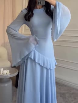 Women Solid Ruffle Chiffon Long Dress Elegant O-Neck Flare Sleeve Slim Maxi Dress 2026 New Lady Wedding Guest Evening Party Robe