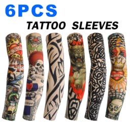 6pcs Men Long Summer Tattoo Sleeves Seamless Armguard Sun Protection Cover Outdoor Gloves Driving Ice Silk Women Arm Sleeves