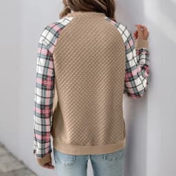 Plaid Patchwork Sweatshirt Loose Fit Literary Retro with Regular Length Autumn Striped Standard Thickness Crew Neck Women Hoodie