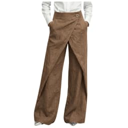 Womens Linen Wrap Wide Leg Pants High Waist Button Decor Asymmetrical Overlap Trousers Casual Loose Fit Office Lady Work Pants