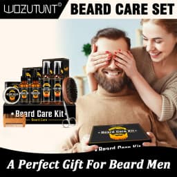 Beard Care Kit for Men, Wash Conditioner Beard Oil and Balm with Comb Brush and Scissors, Sandalwood Scented, Perfect Gift for Men