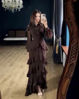 Elegant Solid Layered Ruffle Long Dress Women O Neck Long Sleeve Belt Chiffon Maxi Dress Autumn Wedding Guest Evening Party Robe