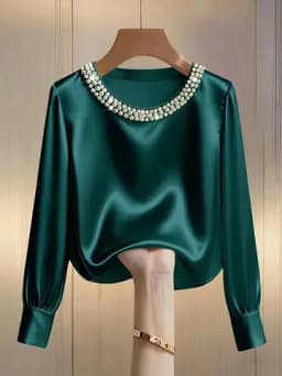 Spring and summer French high-end pearl round neck satin shirt top for women