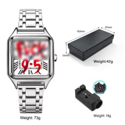 Ladies' Men Square Luxury Watch, Slogan Text on the Large Dial, 30-Meter Water Resistance, Elegant Design, Stainless Steel Strap