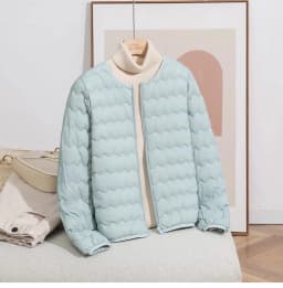 LANMREM Women Crew Neck Lightweight Short Down Jacket Wave Quilted Zipper Closure Portable Inner Wear Puffer Outerwear Coat