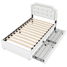 90x200cm Flat Upholstered Bed with Upholstered Nightstand Decorative Rivets&Double Drawers Bedroom Furniture for Small Spaces