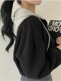 Lamb Fur Collar Short Coat Women's Autumn Winter Thickened Zipper Hooded Jacket Korean Style Contrast Color Open Cardigan