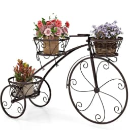Metal Plant Stand, Bicycle Design, Flower Rack with 3 Baskets, Flower Stand with Decorative Wheels (Bronze)