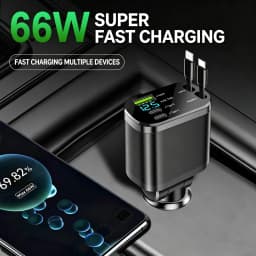 Retractable Cable PD Car Charger Digital Voltage Display Fast Charging Type C Car Cigarette Lighter Charger Adapter For Phone