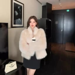 Women Faux Fox Fur Coats Solid Fur Jackets Cotton Linen Stand Collar Long Sleeves Open Stitch Loose Casual 2026 Autumn Winter