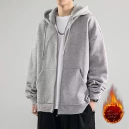 Men's Spring Autumn Winter Fleece Lined Hooded Open Cardigan Jacket Trendy Casual Loose Top Zipper Style Youth Popular
