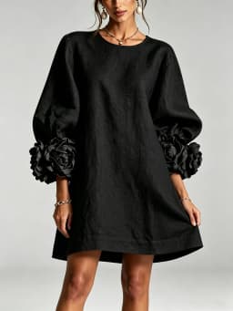 Vintage Solid Women Cocktail Dresses 3D Floral Cuff Decor 3/4 Sleeves Prom Dress Elegant Casual Party Wedding Guest Mini Dress