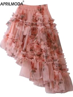 French Style Holiday Ruffle Irregular Midi Long Party Skirt Ball Gown Multi Layer Mesh Fashion Gauze Tutu Elegant Vintage Skirts
