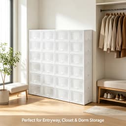 20-Pack Shoe Storage Boxes Transparent Stackable, Plastic Foldable Shoe Organizer Set with Ventilation Holes, Space-Saving for Closet Entryway, Fits Men & Women Shoes, White