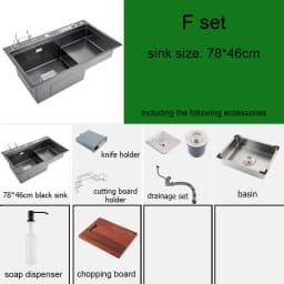 High and Low Kitchen Sink With Knife Holder Cutting Board Rack Stainless Steel Pia Matte Black Sink Vegetable Washing Basin