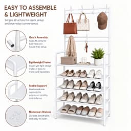 White5 Tier Shoe Rack with Hooks, Space Saving Entryway Organizer for Shoes, Bags, Hats, Closet & Bedroom