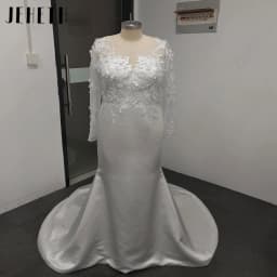 JEHETH Mermaid Scoop Wedding Dresses Plus Size Satin Full Sleeves Bridal Gowns Simple Appliques Exquisite Lace Customized