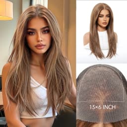 HAIRCUBE Mixed Brown Straight Wigs Dark Roots Natural Hairline 13*6 Transparent Lace Front Synthetic Wig For Women Daily Cosplay