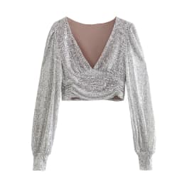 Zevity Women Sexy Deep V Neck Short Sequined Smock Blouse Lady Chic Pleats Puff Sleeve Party Wear Crop Shirts Blusas Tops LS9954