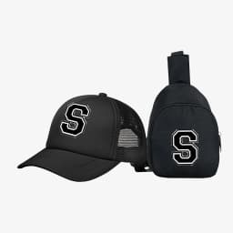 2pcs Kids' 26 letter printed pattern truck hat+chest bag set, stylish casual sunhat, portable storage purse, suitable for daily