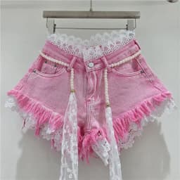 2026 Summer Denim Shorts New Splicing Hook Flower Lace Lace with Waist Rope Tassel Denim Shorts Women's Hot Pants Trend