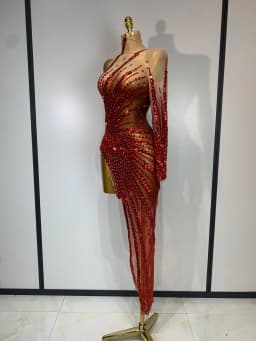 Sexy Red Mesh See Through Diamonds Sequins Dress Luxury Birthday Evening Party Costume Bar Nightclub Stage Performance Outfit