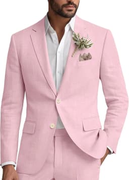 Linen Suit for Men 2 Piece Classic Fit Mens Linen for Beach Wedding Casual Blazer Pant Prom