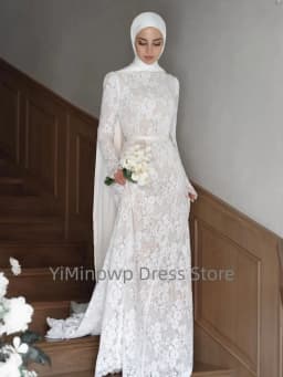 Muslim Lace Weddings Dresses with High Neck Long Sleeves Mermaid Hijab Brides Dress Elegant Islam Garden Bridal Gown Customized