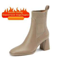 Women Ankle Boots Split Cow Leather Chunky High Heel Knitted Wool Slip on Quality Designer Spring Fall Sock Boots Big Size 42