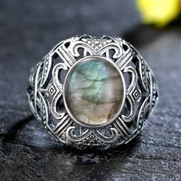 Silver Ring for Women Oval Round Natural Labradorite Ring Gift Sun Shaped Retro Luxury Fine Jewelry