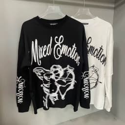 High Quality Designer MIXED-EMOTION Long sleeved T-shirt 100% cotton men's and women's Vintage Printed and hotfix rhinestone High Street Trendy Fashion Hip Hop T-shirt hoodie sweatshirt Pullover