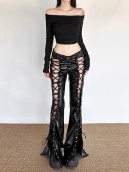 RORORIRI PU Leather Black Pants Punk Hollow Out Strappy Slim Vintage Low Waist Split Bootcut Trousers Festival Grunge Streetwear