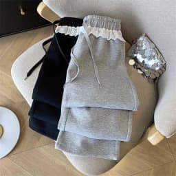Korean Fashion Solid Pants Female Gray Lace Patchwork Sweatpants Women High Waist Casual Loose Trousers Elegant Wide Leg Pants