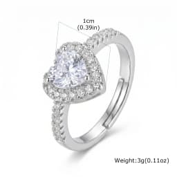 Heart Ring Adjustable for Women Zircon Love Shaped Open Ring Silver Color Romantic Promise Jewelry Gift