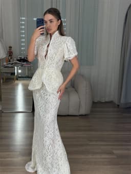 Kyoto Customized White Jacquard Floral Lace Puff Sleeve Wedding Dress High Neck Vestidos De Noche Floor-Length Robe De Mariée