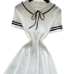 Women's White Short Sleeve Peter Pan Collar Bow Sundress Striped Hem Stretchy Ribbed Knit A-Line Mini Dress Casual Party Dress