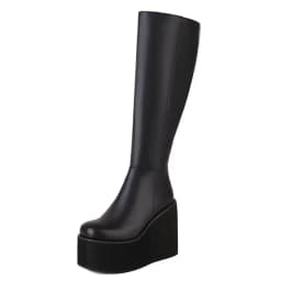 SIMLOVEYO Ladies Knee-high Boots 37cm Round Toe Wedges High Heel 11.5cm Platform 6cm Zipper Plus Size 43 Winter Shoes