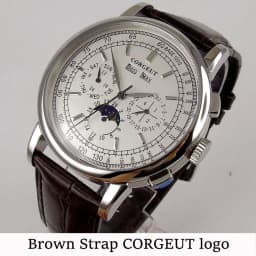 Corgeut 42mm Automatic Men's Watch Date Day Month Year Salmon Dial Multifunction 316L Leather Strap Polished Case Day Night