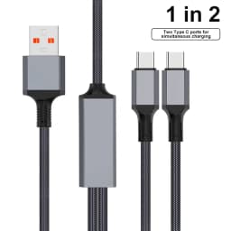 2 in 1 USB C to Dual Type C PD Fast Charging Data Cable,Multi Functional Braided Cord for iPhone 17/17Pro/16 Max Series,Samsung