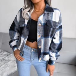 Autumn Winter Women Plaid Woolen Jacket Turn-down Collar Short Top Lantern Sleeve Ladies Casual Fashion Single Breasted Coat