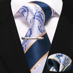 JEMYGINS Business Tie for Men Silk Navy Blue Tie Striped Paisley Necktie Handkerchief Tie Clips Set for Wedding Party Gift