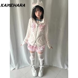 KAMEHARA Y2K Aesthetic Cute Devil Hooded Jacket Sweet E-girls Japan Kawaii Horned Zip-Up Hoodie Pink Star Print Cartoon Star Top