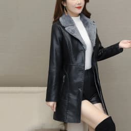 Womens Leather Windbreaker Plus Velvet Thick PU Leather Cotton Coat Long Suit Collar Large Size Fashion Warm Leather Jackets