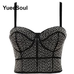 Black Y2K Tops White Rhinestone Sequins Tassel Slim Crop Top New Gothic Party Club Wedding High Street Sexy Corset Top Camis