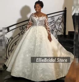 African Ball Gown Wedding Dresses For Brides Sheer Neck Lace Bridal Gowns Long Sleeve Beading Vestido De Noiva 2025 Customized